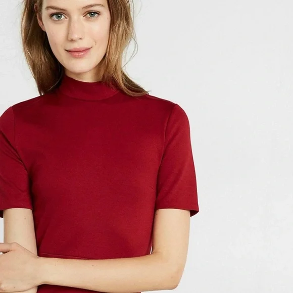 Women’s Express Zip-Back Cranberry Red Mock Neck Short Sleeve Sheath Dress Large - Picture 3 of 7
